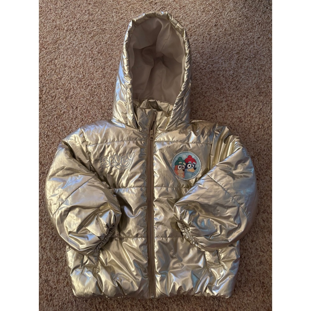 Bluey & Bingo Girls Metallic Gold Puffer Jacket Hooded Winter Coat 4T